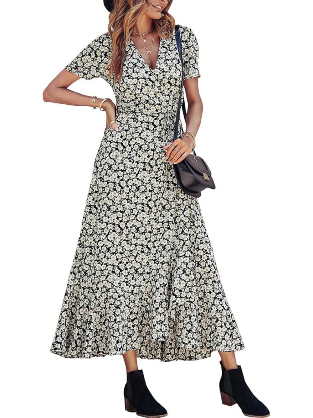 Women's Black White Floral V Neck Casual Short Sleeve Pull On Zipper Maxi Dress